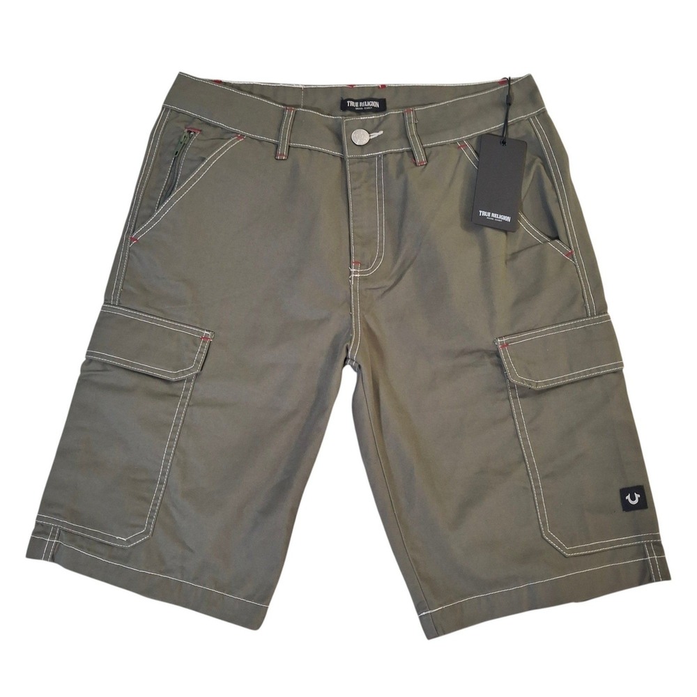 True Religion Cargo Shorts Men's‎ 30 Kalamata Olive Green Contrast Stitch 11"